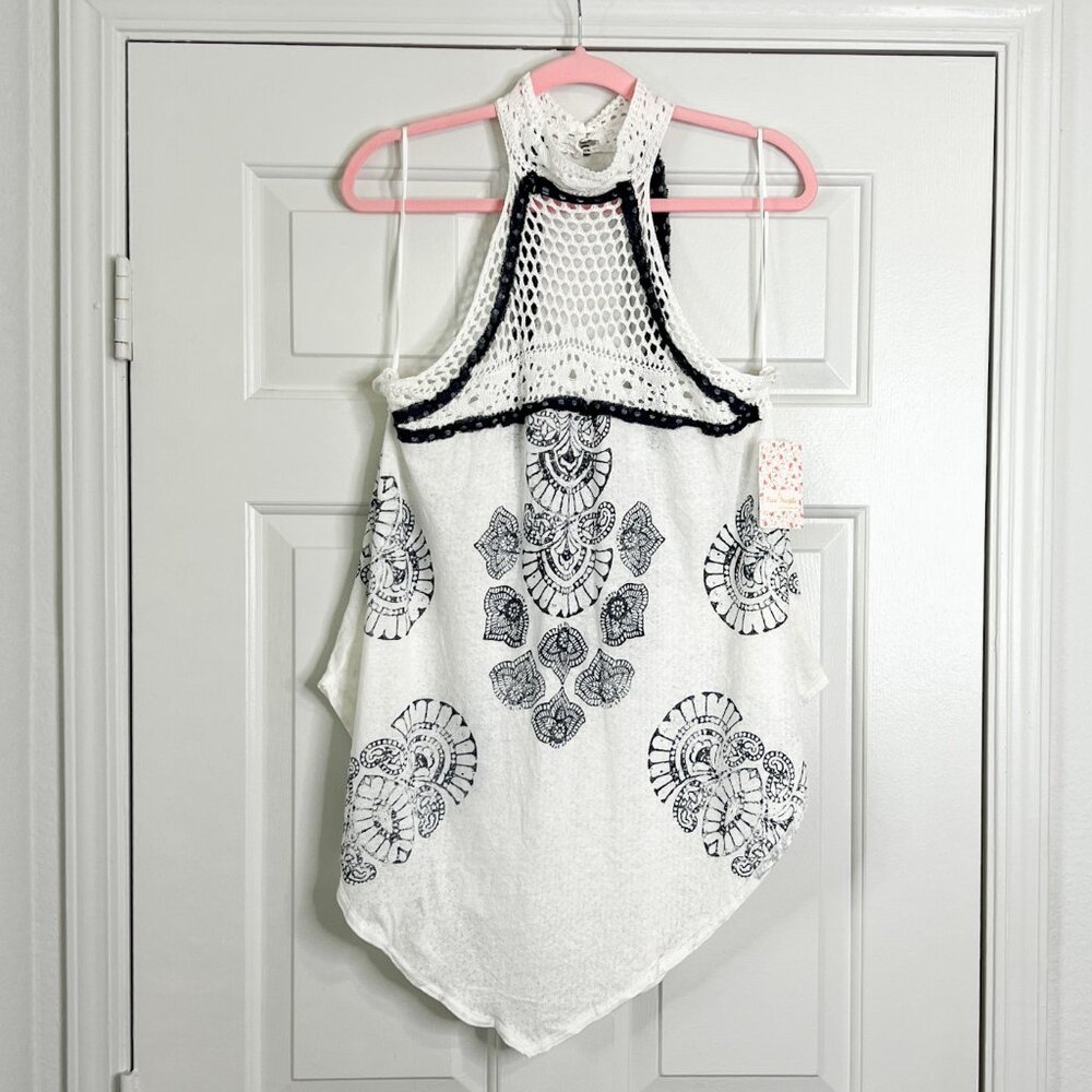 Free People Mandolin White and Navy Blue Crochet High Neck Halter Top - Picture 3 of 7